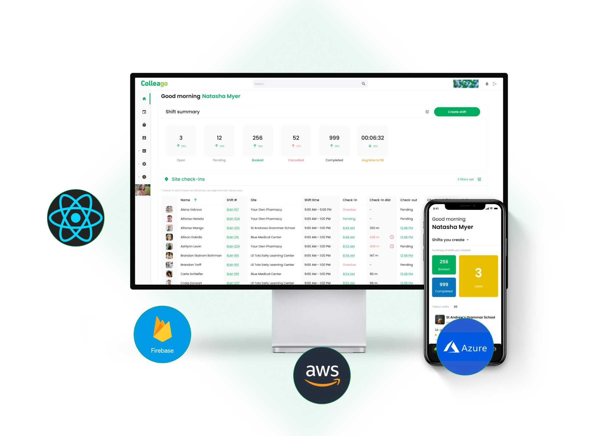 Colleago shift management dashboard on desktop and mobile