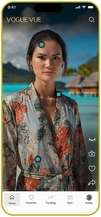 Fashion tech app home screen with shoppable hotspots on a look