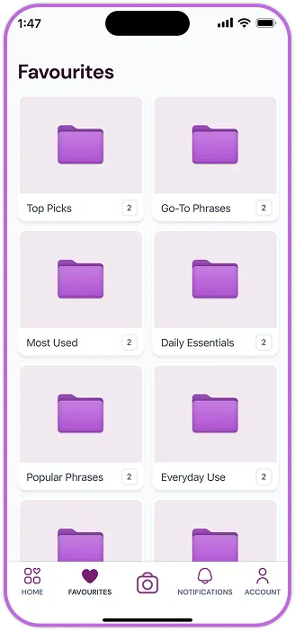 Help Me Speak favourites screen with saved phrases