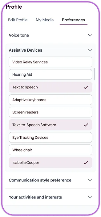 Help Me Speak preferences screen for assistive devices