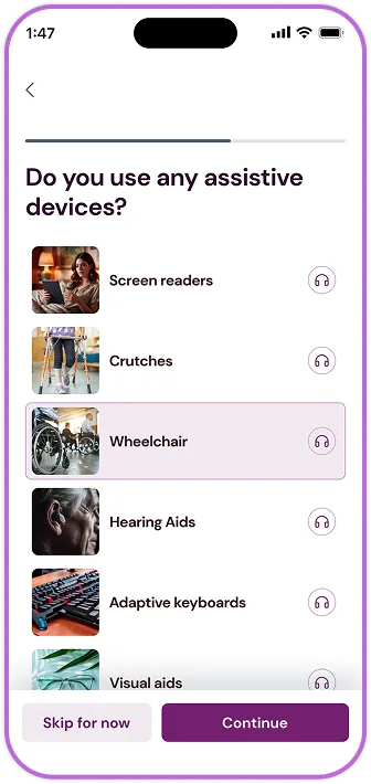 Help Me Speak onboarding screen for assistive devices