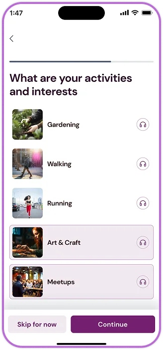 Help Me Speak onboarding screen for activities and interests
