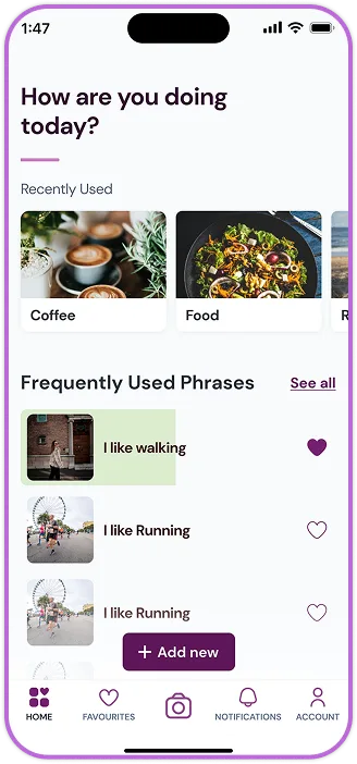 Help Me Speak home screen with symbol-based phrases