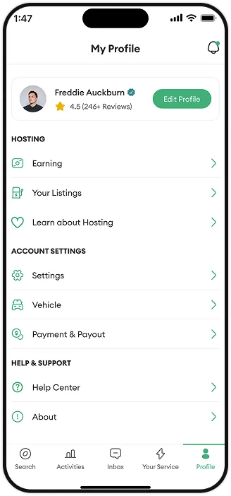 PlugPark host profile screen
