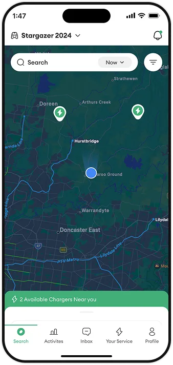 PlugPark map search screen for nearby chargers