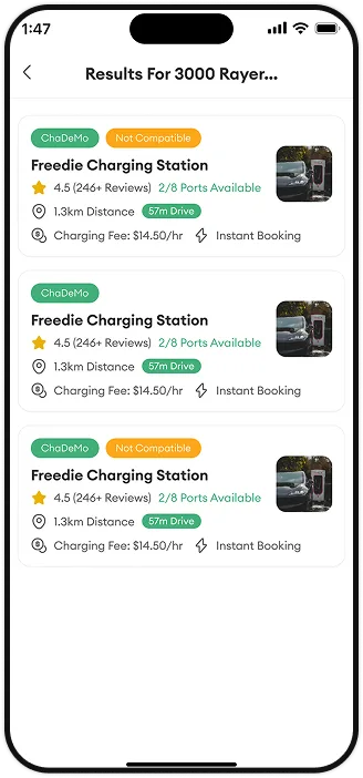 PlugPark search results screen listing nearby chargers