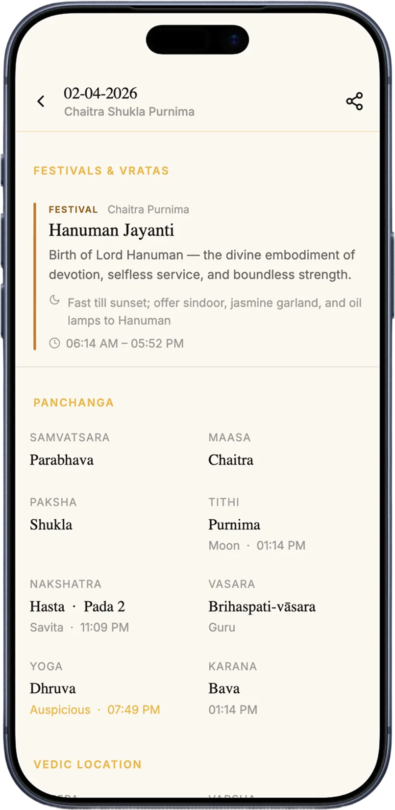 Pure Sankalpa festival day Panchanga screen with fasting guidance and timings