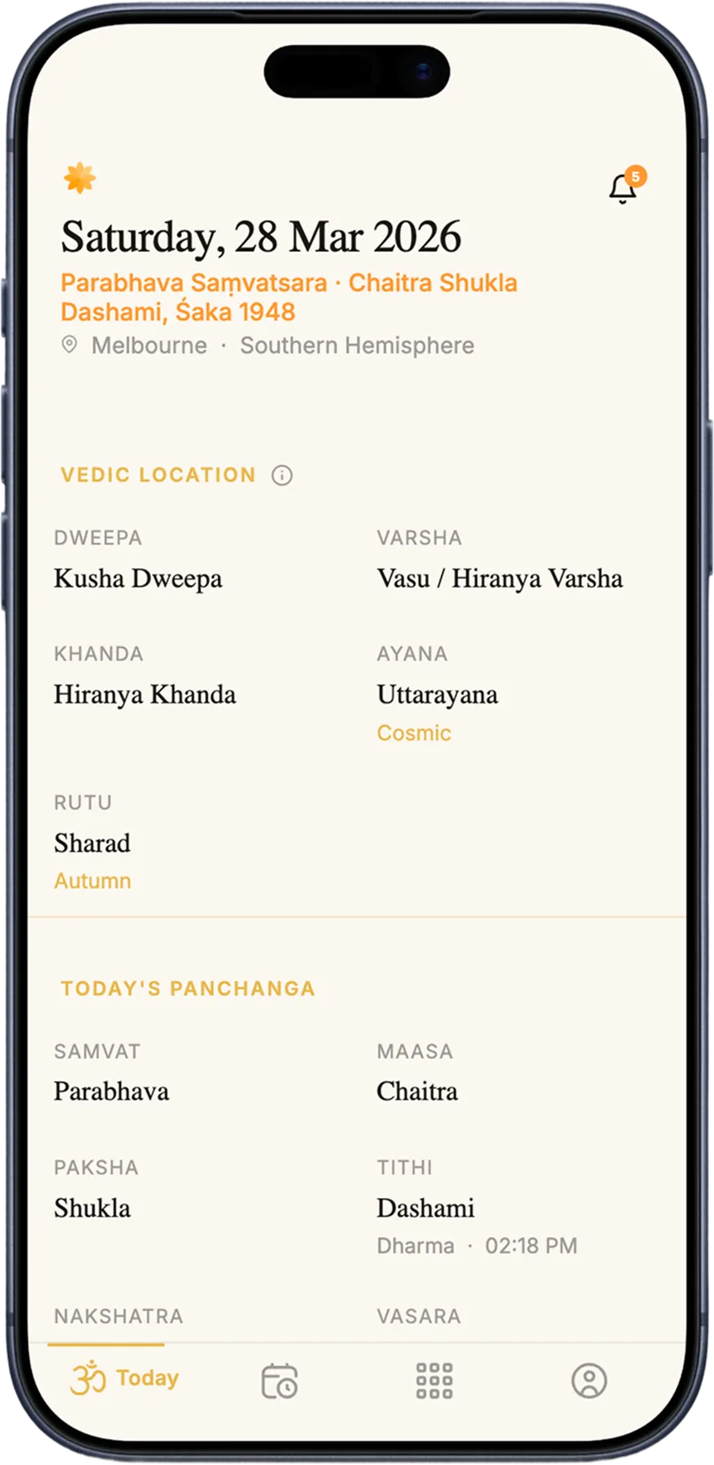 Pure Sankalpa daily Panchanga screen for Melbourne