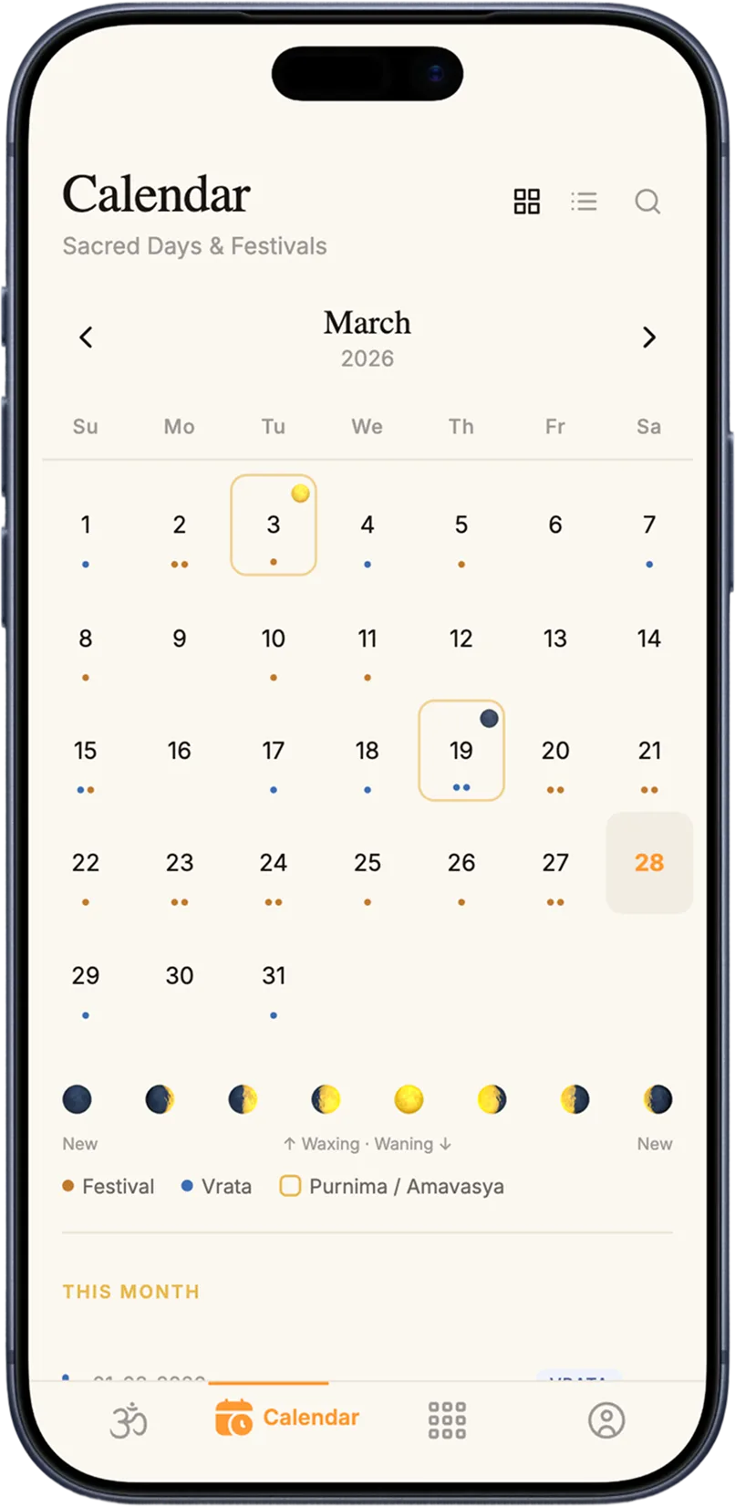 Pure Sankalpa festivals and vratas calendar with moon phases