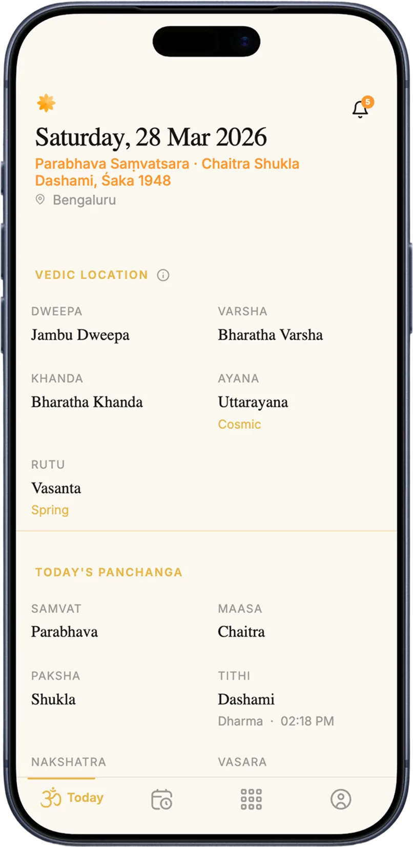 Pure Sankalpa daily Panchanga screen for Bengaluru